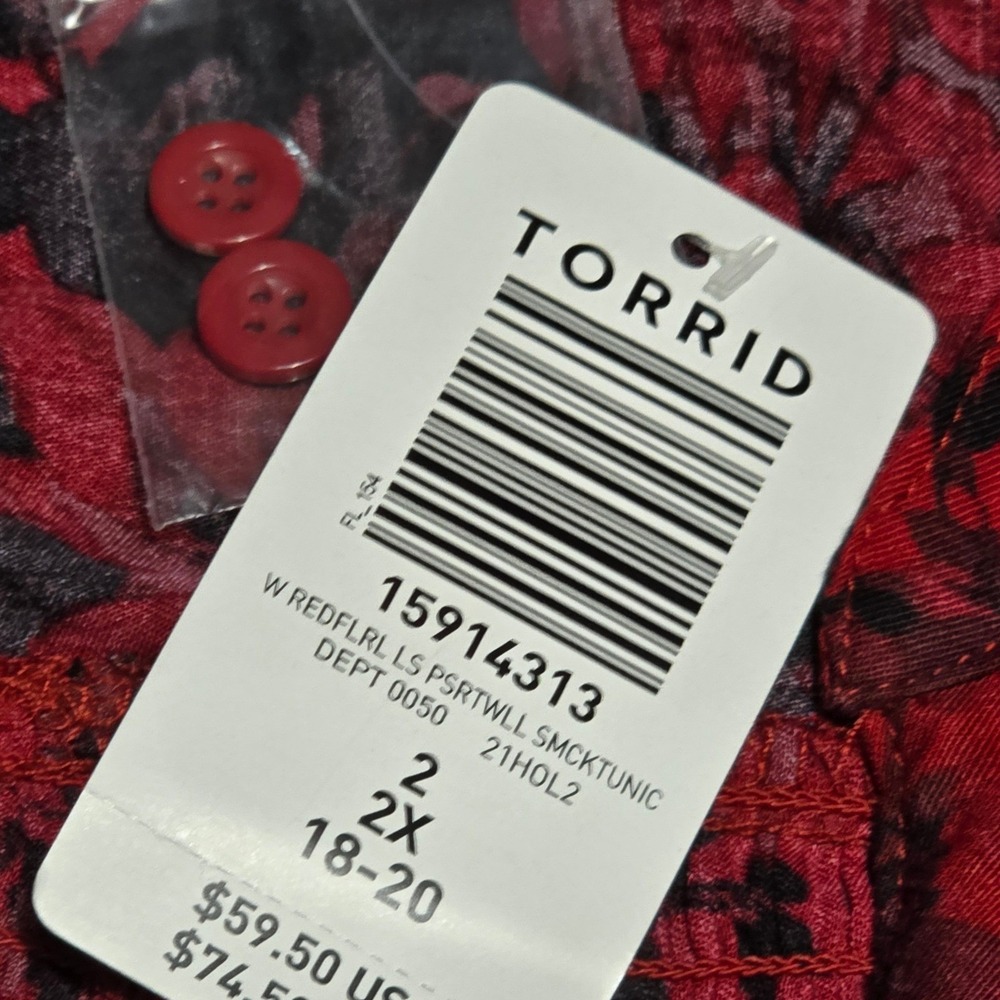 Torrid Tunic Top Womens Smocked Floral Button Down Red Black 2X NEW - Picture 12 of 13